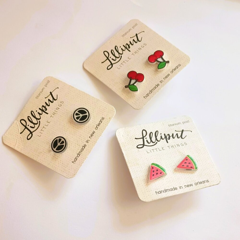 Lilliput 3 Pairs Post Earrings Peace Sign Cherry Water Mellon Girl's Jewelry